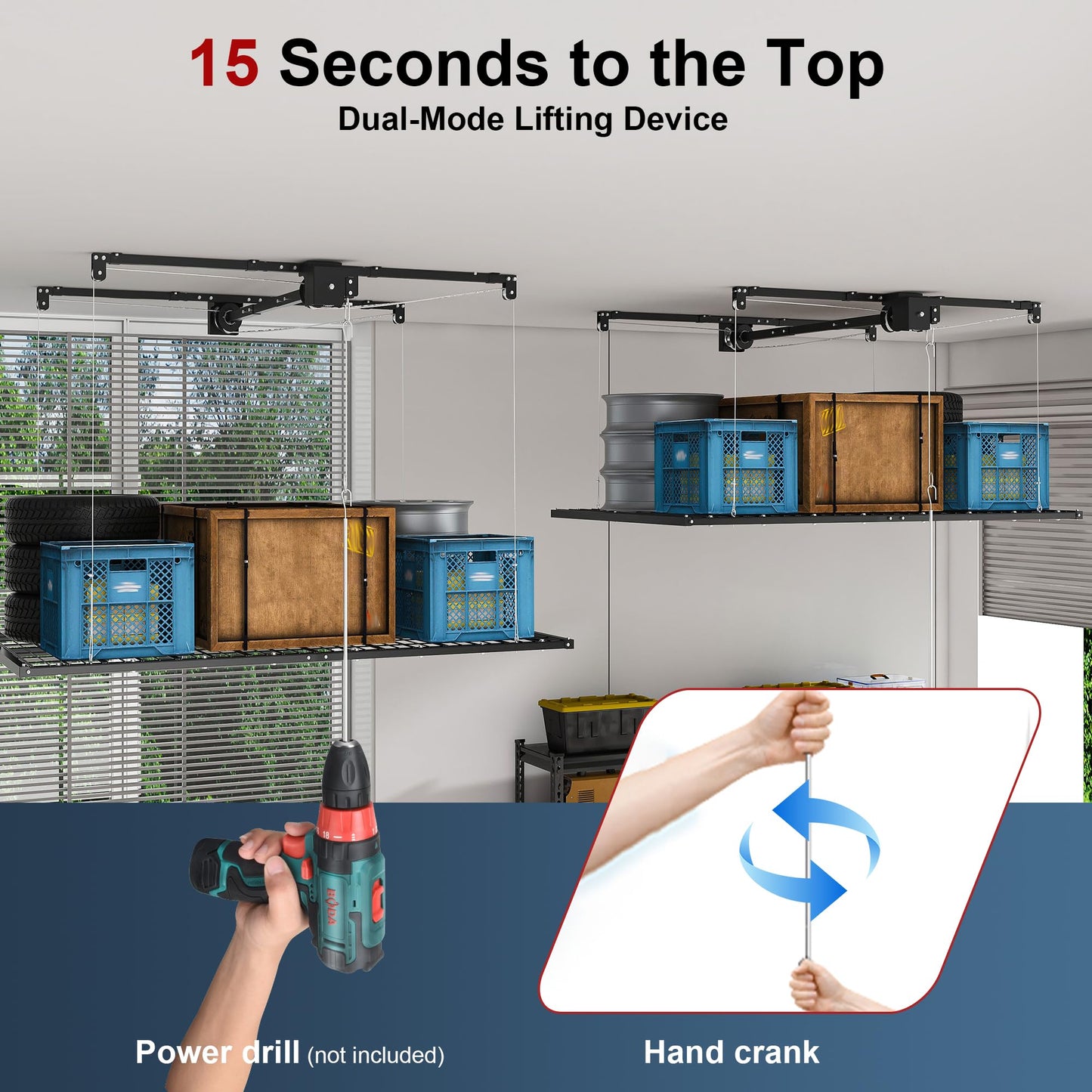 Leavader Manual Garage Storage Lift 4x8 FT for 10-12 ft Ceilings, Crank Down Overhead Storage Rack with Safety Lock, Heavy Duty Steel Garage Ceiling Storage System, 325LBS Capacity