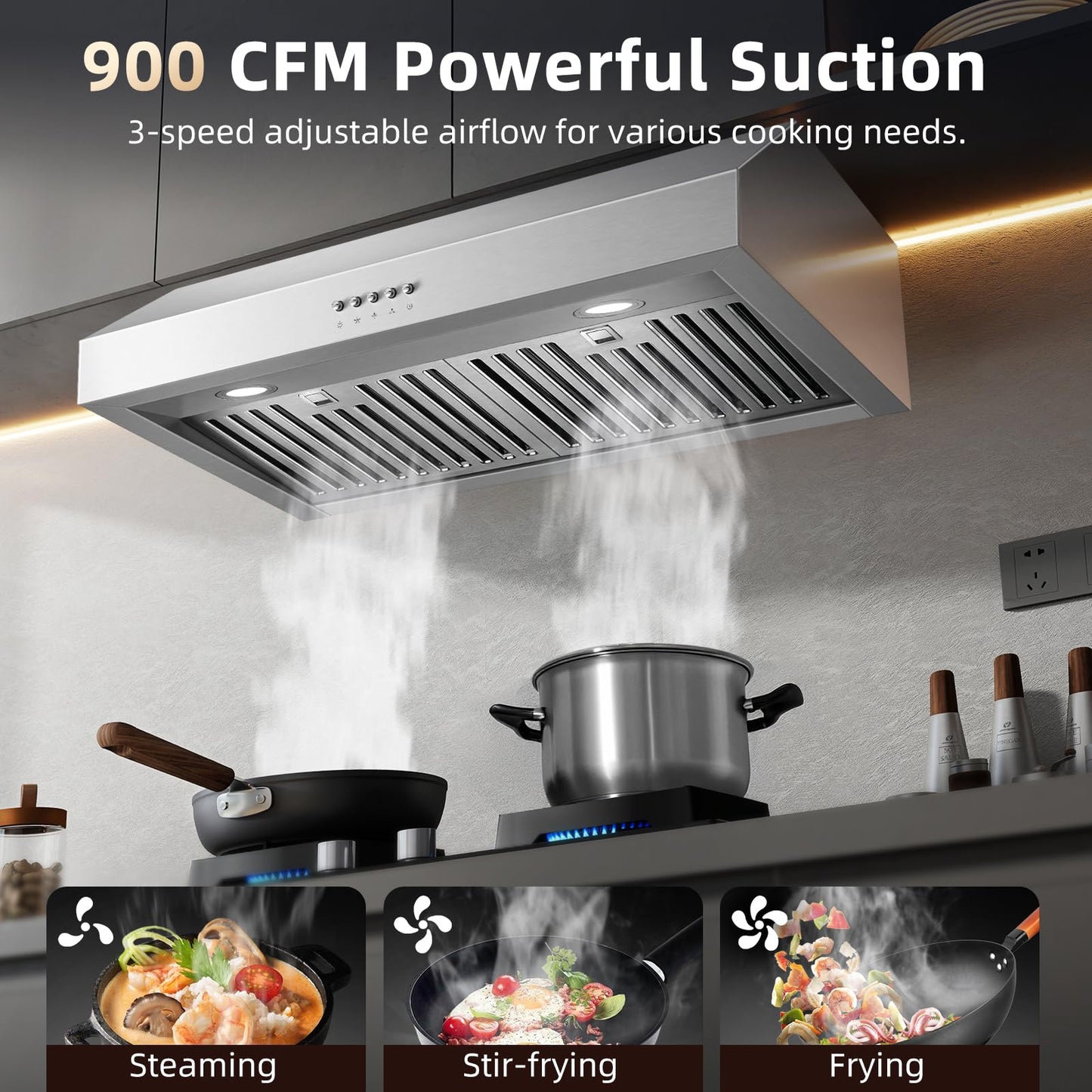 Tiesay 30 Inch Under Cabinet Range Hood 900 CFM with Ductless Convertible Duct Kitchen Hoods, 3-Speed Adjustable, Dishwasher Safe Baffle Filters, LED Lights, Stainless Steel, Button Control