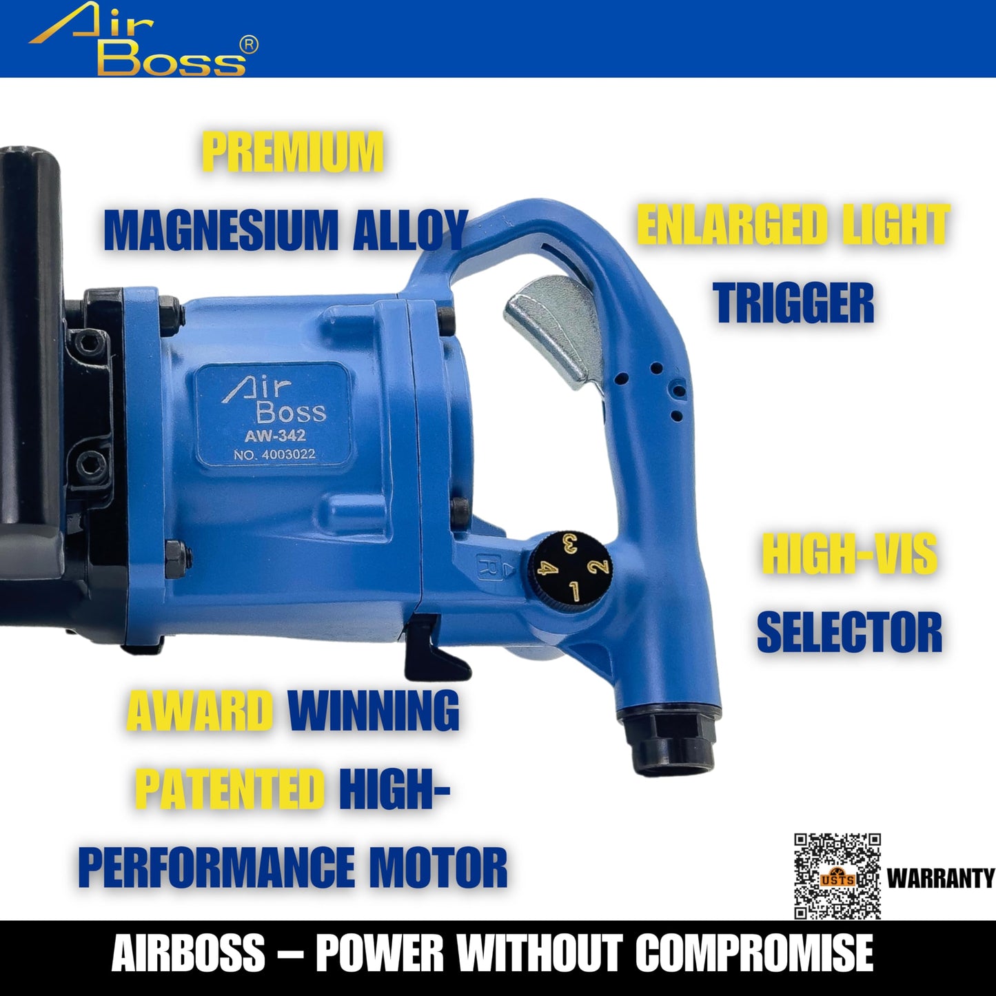 Airboss AW-342GL 1" Impact Wrench & 33M 90L CR-MO Deep Socket