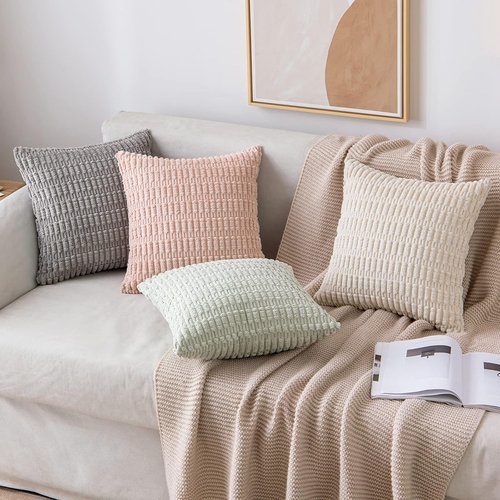 MIULEE Decorative Throw Pillow Covers - Soft Boho Striped Corduroy | 16x16 Inch, Light Green, Pack of 2