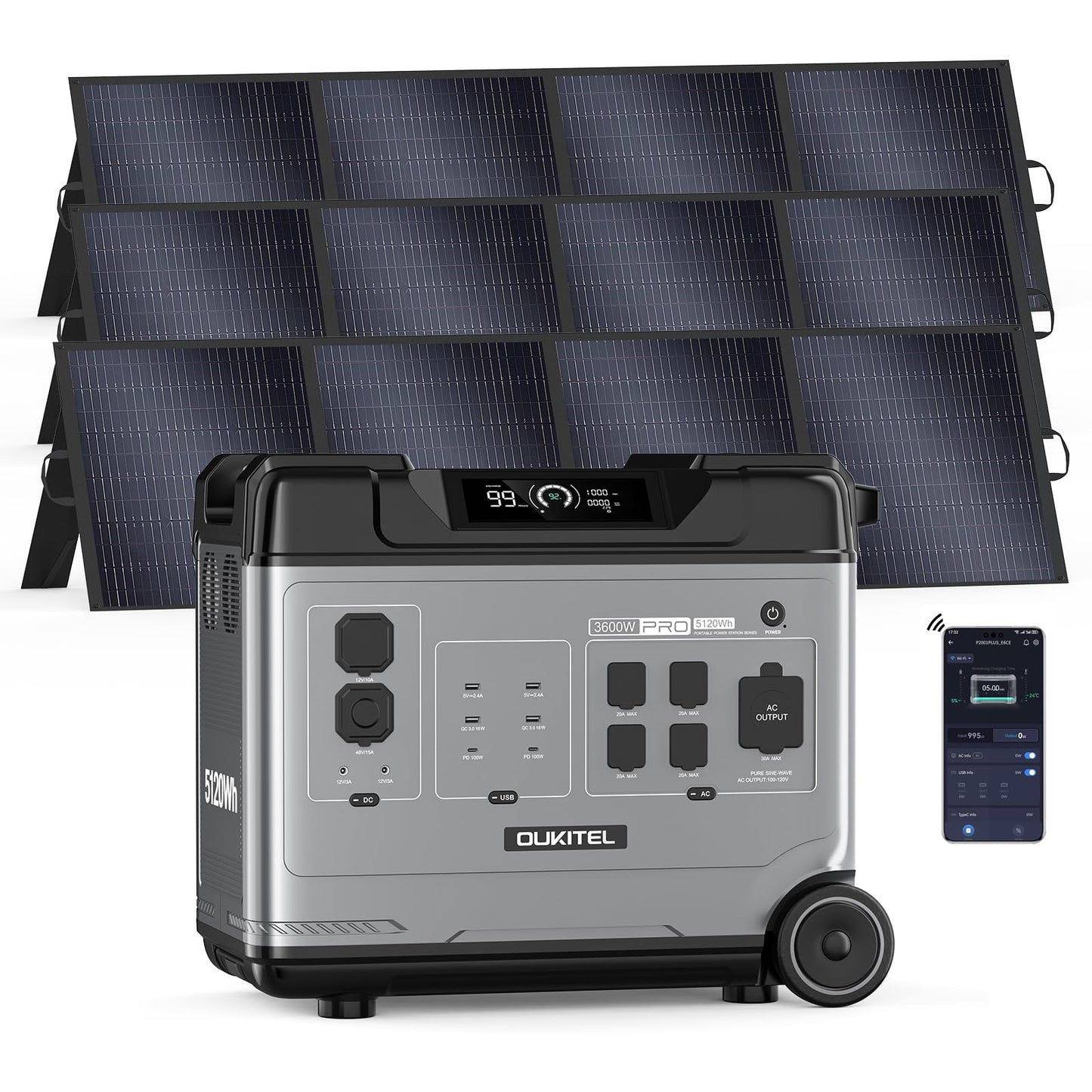 P5000 Pro 5120Wh Portable Power Station with 3×200W Solar Panels, 3600W(7200W Surge) Solar Generator with LiFePO4 Battery, 5×3600W AC Output, for Emergency, Home Backup, RV, Camping