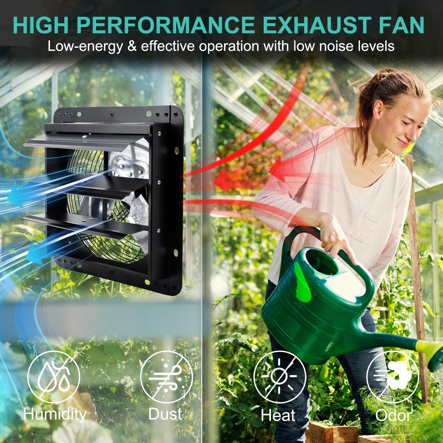 Hipoilk 12 Inch Shutter Exhaust Fan for Greenhouse, Shed, Garage, Barn, Chicken Coop Ventilation, Wall Mount Attic Fan with Speed Controller and Power Cord, 970 CFM, Black