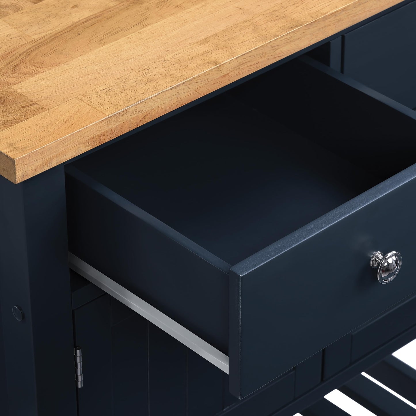 OSP Home Furnishings Stirling Farmhouse Kitchen Cart, Rolling Storage Cabinet with Drawers, Shelf, 5 Utility Hooks, Dark Blue with Natural Wood Top