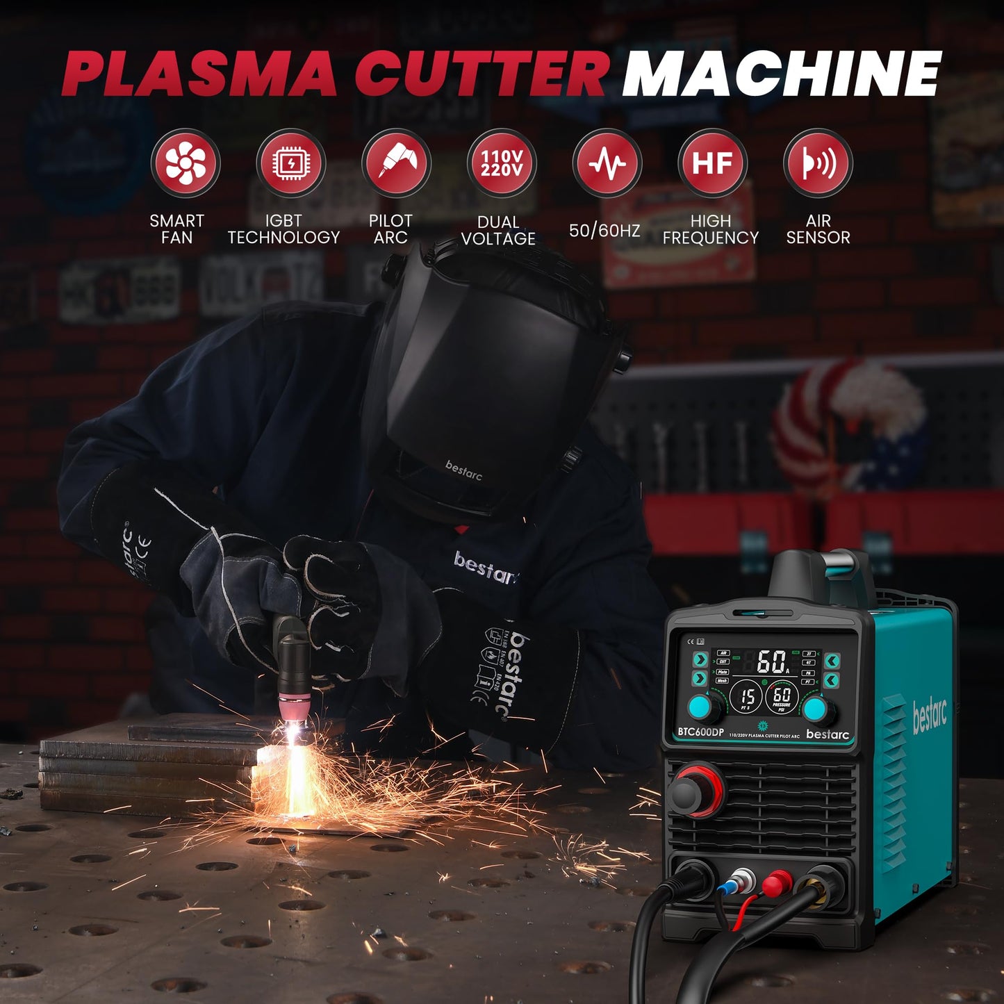 bestarc Plasma Cutter, [Pilot Arc][Large LED Display][Air Sensor] 60A bestarc Plasma Cutter Machine 110/220V Dual Voltage, 1/2 Inch Clean Cut 4/5 Inch Max Cut, Post Flow Mesh, 2T/4T for Beginners DIY