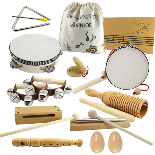 VINJOE Wooden Music Set–Kids Musical Instruments Toys, Natural Wood Percussion Instruments Toy for Kids Preschool Education Baby Musical Toys Instrument Set for Toddlers Best Gifts for Christmas