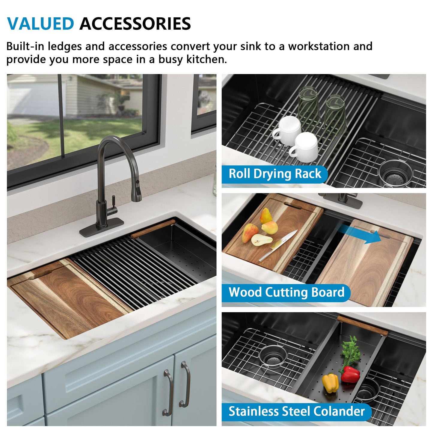 Fulorni 33"x19" Undermount Double Bowl Kitchen Sink Workstation - Gunmetal Black NANO-PVD, 16 Gauge 304 Stainless Steel, Under Counter Low Divide 60/40 Split Basin for Kitchen