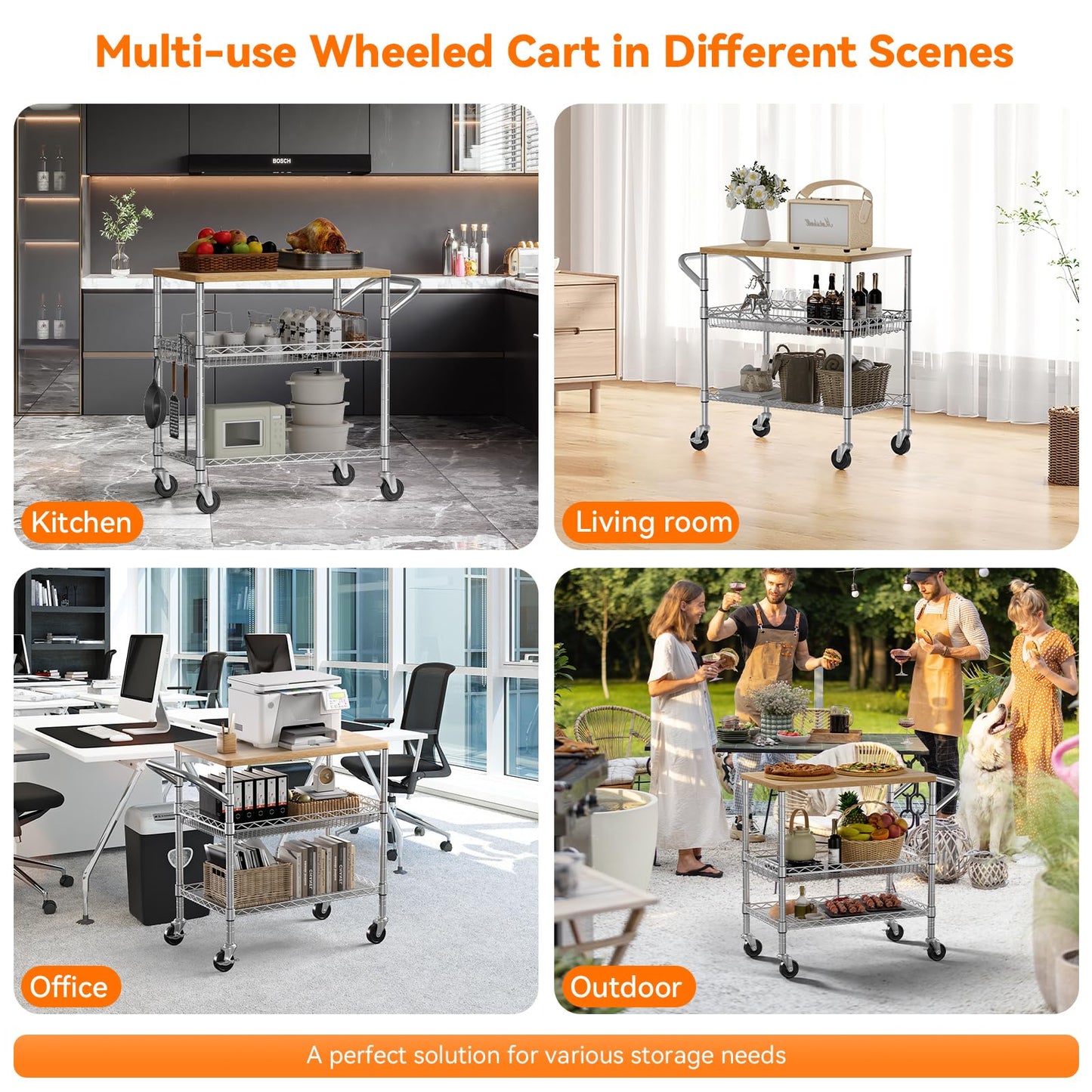 3 Tier Rolling Kitchen Carts on Wheels with Storage,650Lbs Heavy Duty Utility Carts with Wheels,Kitchen Island with Wood Tabletop,Metal Serving Rolling Cart for Small Appliance Food Cart,Wood+Metal
