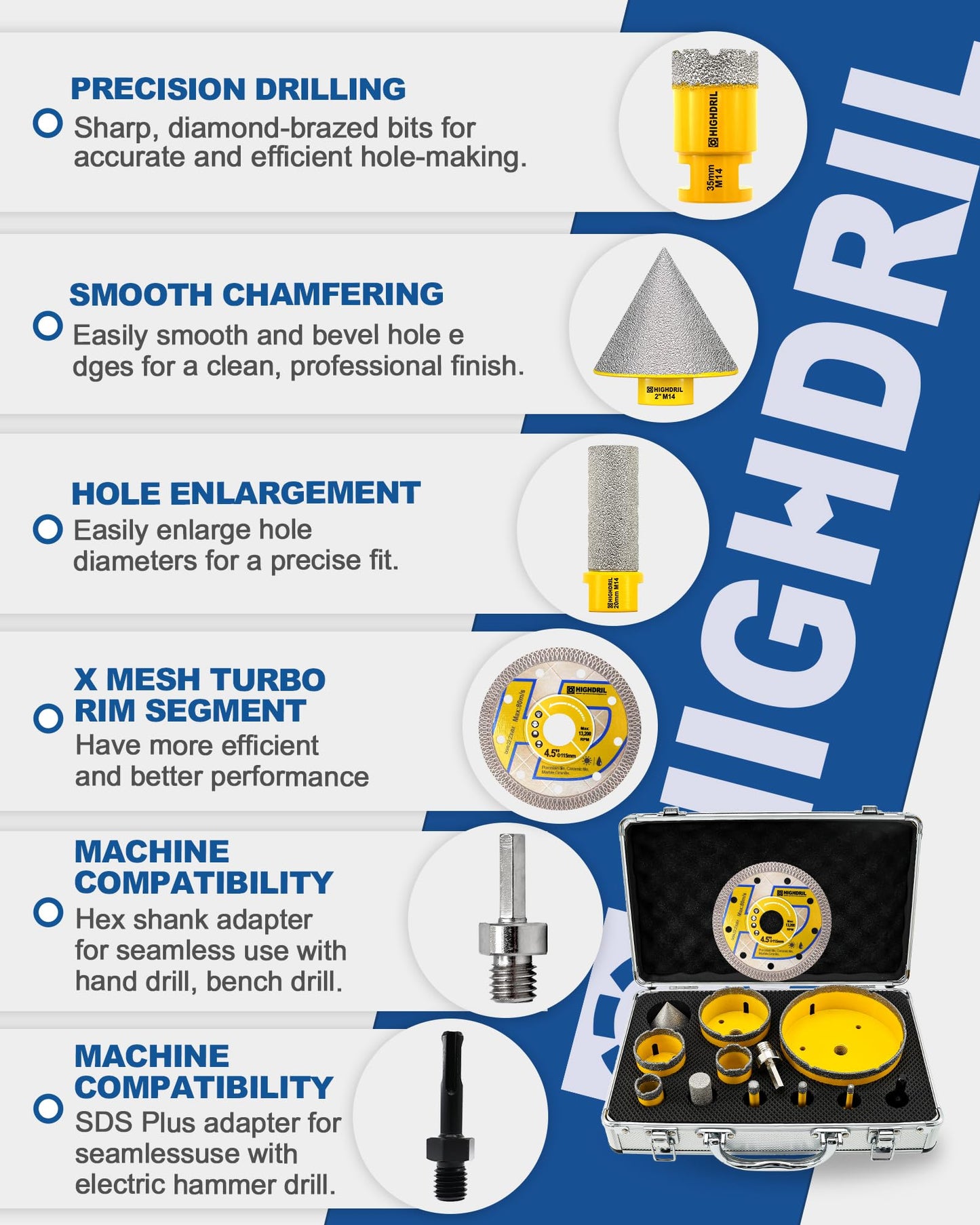 HIGHDRIL 13Pcs Diamond Hole Saw Kit and Dry Diamond Tile Drill Bit with Hex Shank