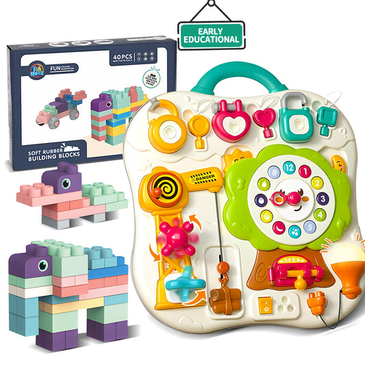 ROHSCE Soft Building Blocks for Toddlers, Montessori Baby Busy Board Sensory Toys STEM Toddler Gifts Busy Board for Babies 6-12 Months Fine Motor Skills Toys