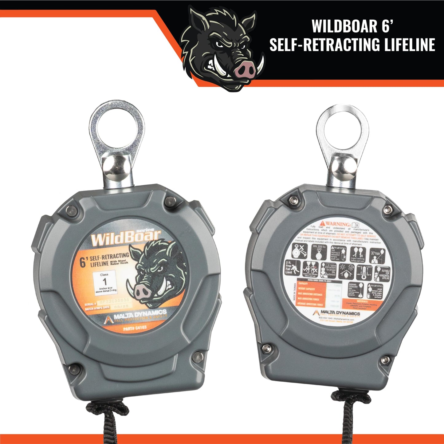 Malta Dynamics Wild Boar 6’ Dual Self Retracting Lifeline – SRL Fall Protection Lanyard with Rebar Hook for Construction Site Safety, OSHA and ANSI Compliant