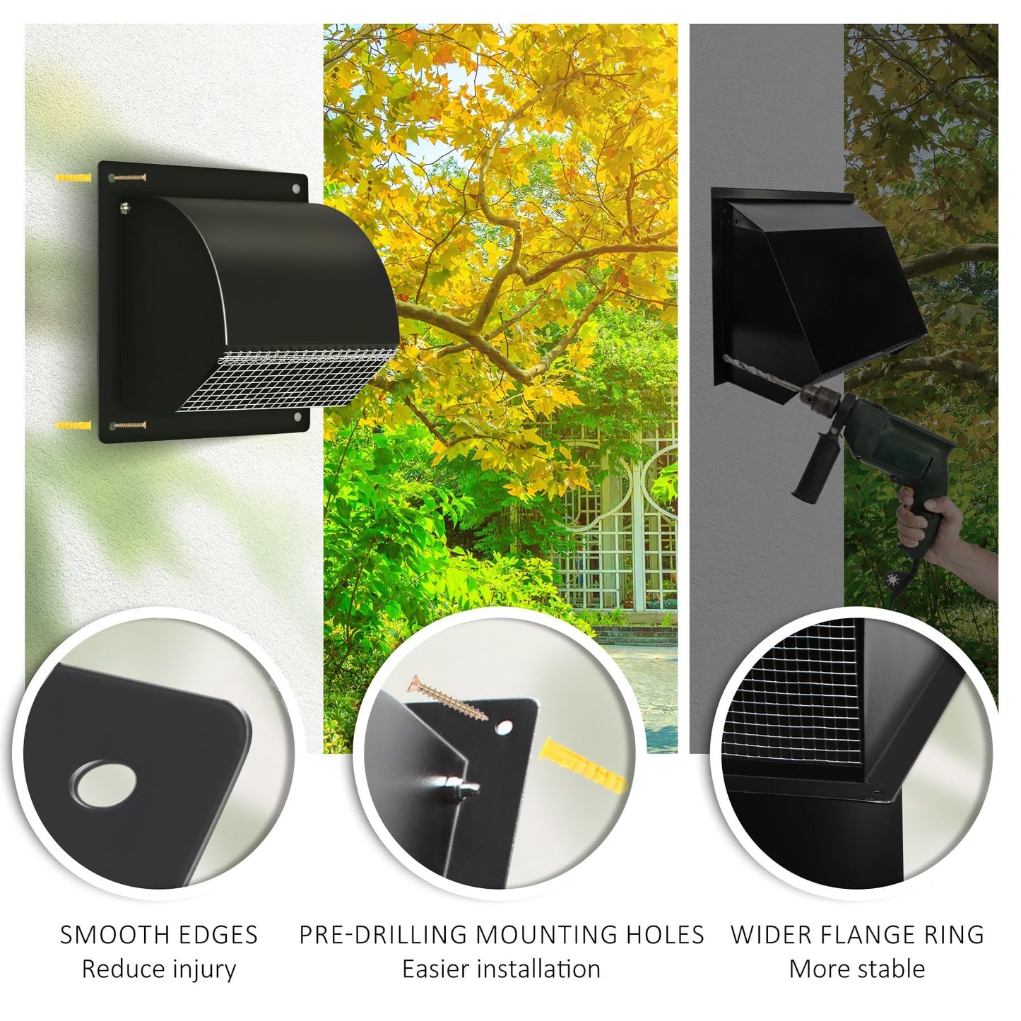 8 Inch Hooded Wall Vent with Screen& Damper,Arc-Shaped Wall Exhaust Vent Cover Cap Suit for Residential Housing,Kitchen Rangeand Outside Air Exhaust,Black