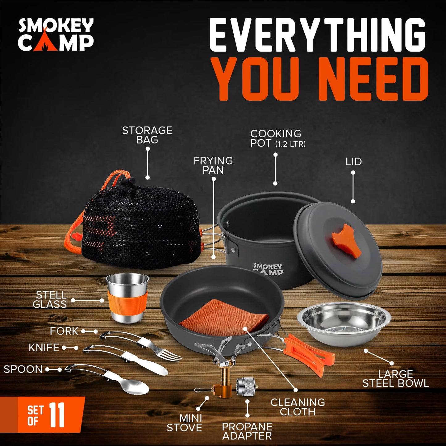 11 Pcs Smokey Camp Backpacking Cooking Set with Stove & Adapter - Pot, Pan, Stove, Cutlery, Compact Camping Cookware Mess Kit for One Person, All in One Non-Stick Camping Cooking Set, Hiking, Picnic