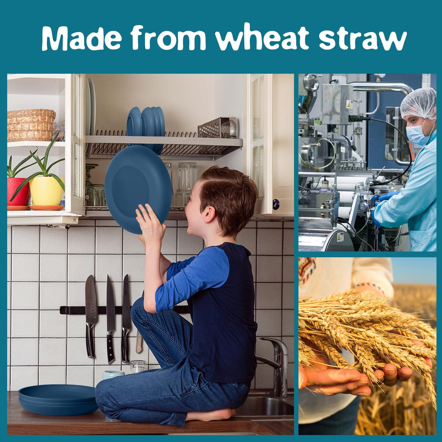 Teivio 32-Piece Kitchen Plastic Wheat Straw Dinnerware Set, Service for 8, Dinner Plates, Dessert Plate, Cereal Bowls, Cups, Unbreakable Colorful Plastic Outdoor Camping Dishes, Autumn Blue
