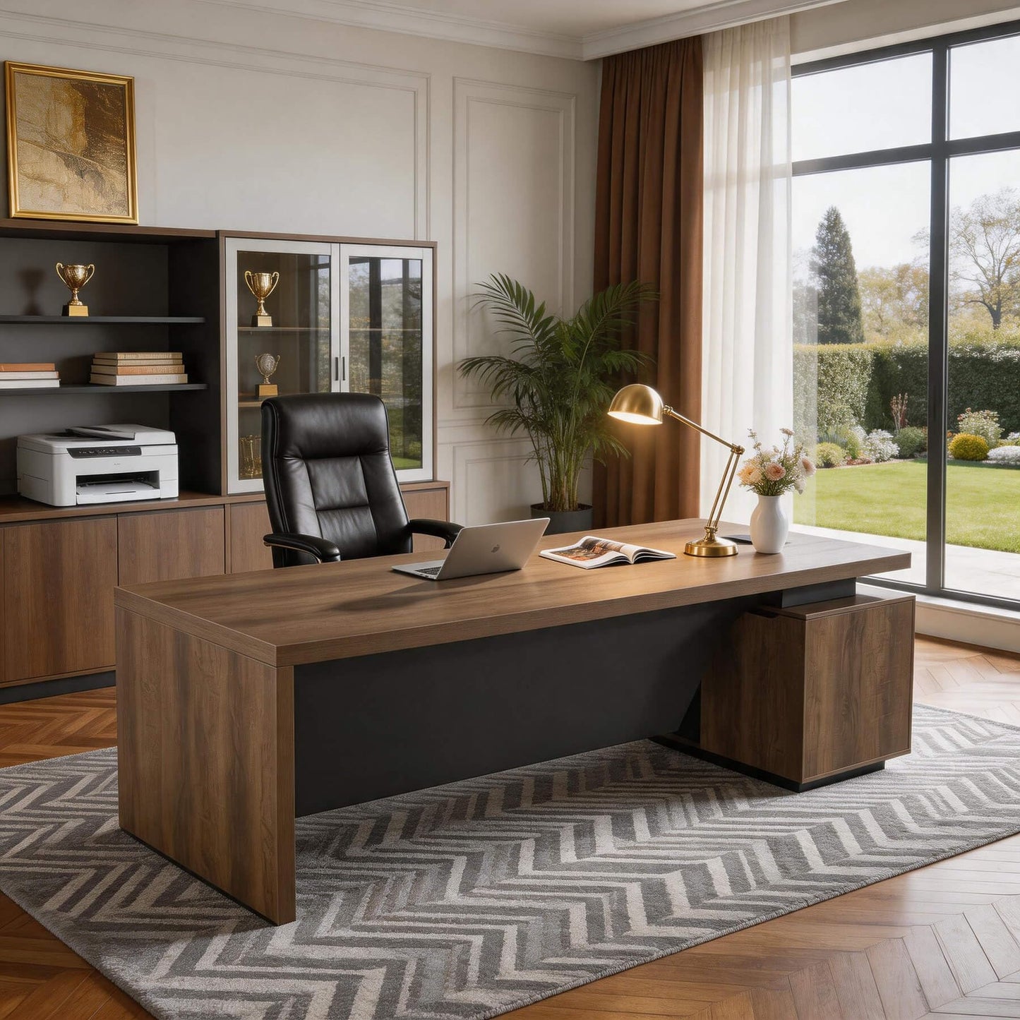 ONNAHOMEStlyle L Shaped Desk with File Drawer, Solid Wood Large Executive Desk for Home Office, Adjustable Width (70.86" to 78.7"), Storage Cabinet & 2 Drawers, Left Return
