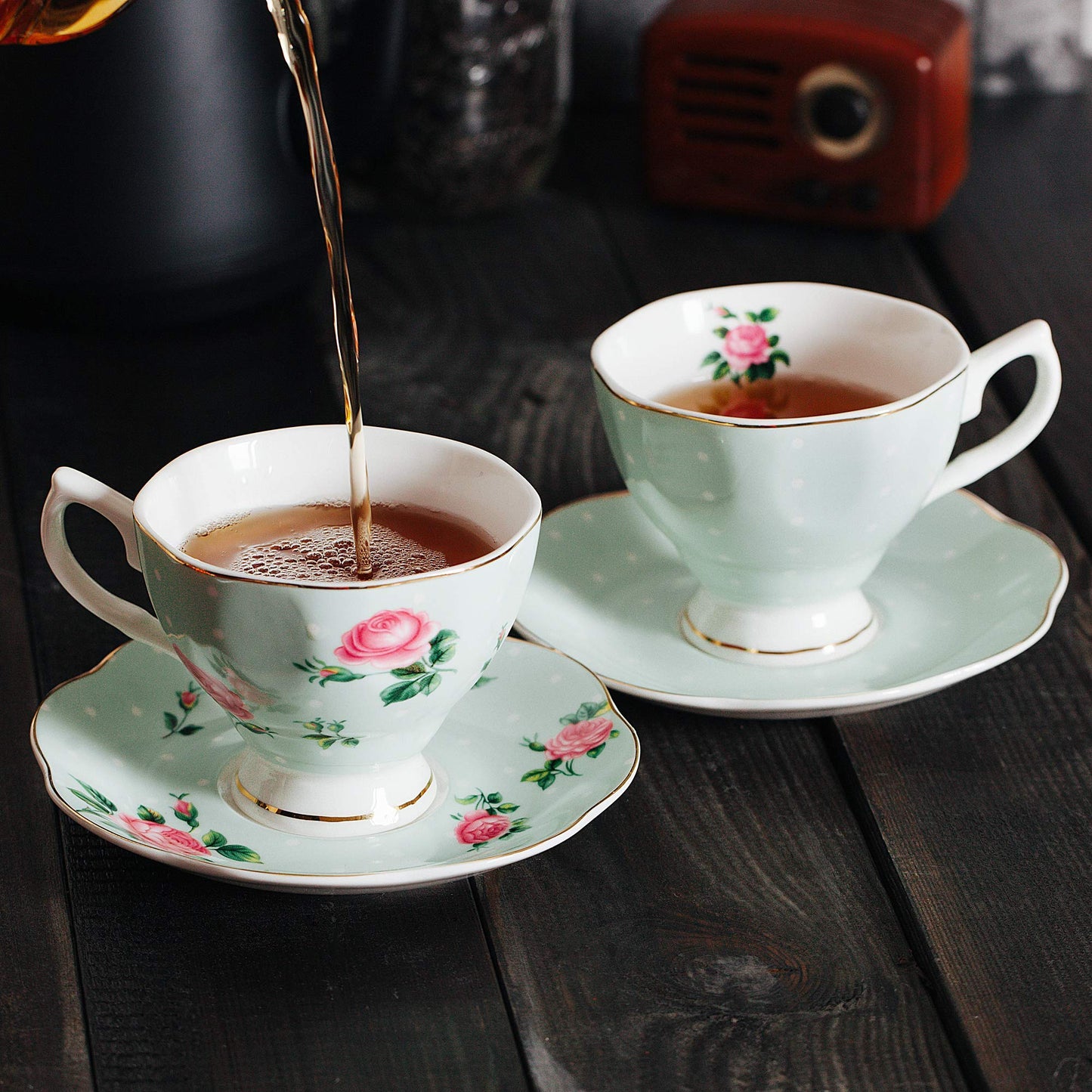 BTaT- Floral Tea Cups and Saucers, Set of 8, 8 oz, Fine Porcelain Teacup Set with Gold Trim for Afternoon Tea, Weddings, Parties & Gifting, Dishwasher Safe, Lightweight, Non-Toxic, Mothers Day Gift