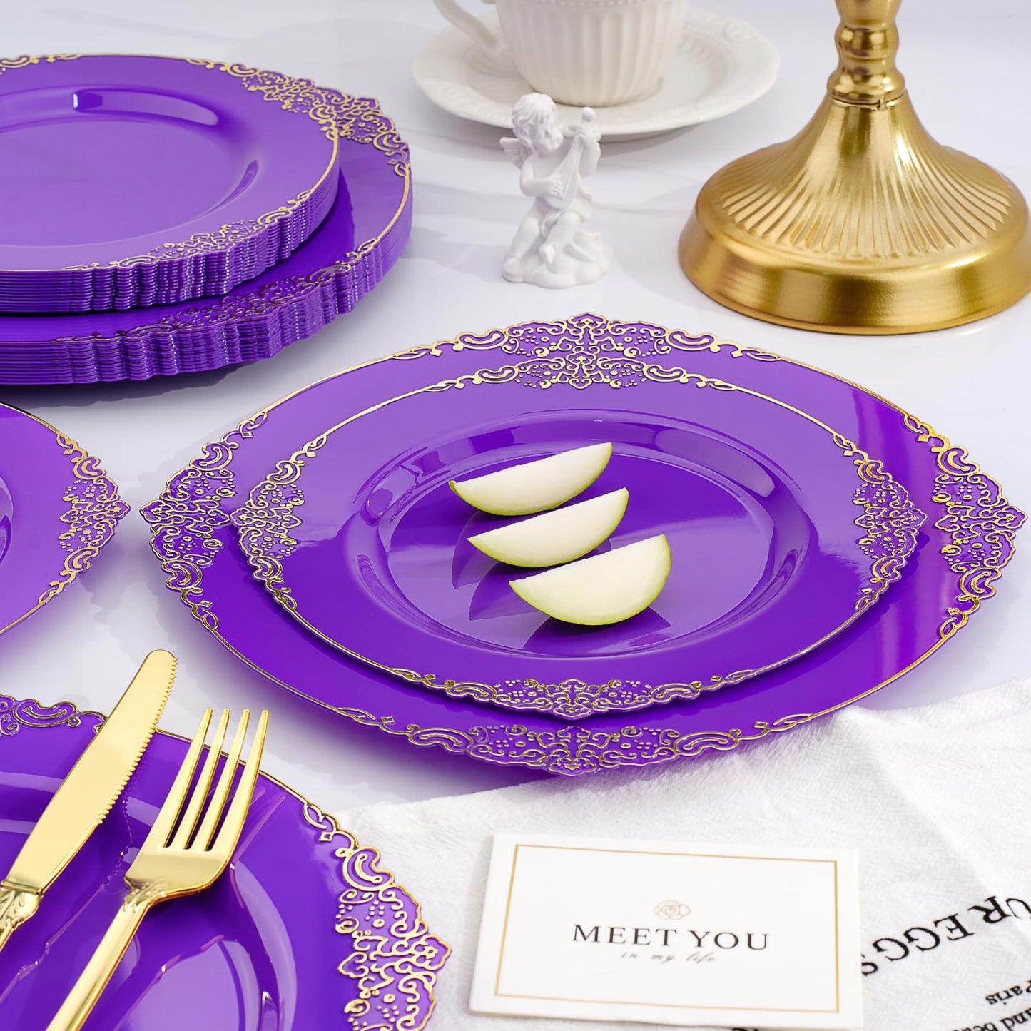 Realluck 350 PCS Purple and Gold Plastic Plates, Plastic Dinnerware Set for 50 Guests, 100 Disposable Plates, 150 Silverwares, 50 Cups, 50 Napkins for Party, Wedding, Graduation