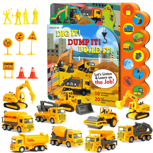 iGRATENS Construction Toys with Sound Books - Dig It! Dump It! Build It! Construction Board Book with 10 Buttons & 20 PCS Toys for 3+ Year Old, Great for Little Alloy Truck Lovers Kids