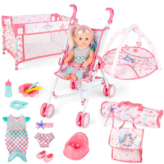 deAO Baby Doll Stroller Playset,5-in-1 with 12-inch Doll Included,Foldable Stroller,Crib Bed & Play Mat - Fits 12 14 Inch Dolls,Pink Travel Toy Set for Toddlers Girls Boys