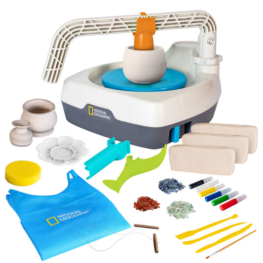 NATIONAL GEOGRAPHIC Deluxe Pottery Wheel Kit – Complete Starter Pottery Set, Plug-In Motor, 3 lbs. Air Dry Clay, Gemstone Chips, Sculpting Tools, Patented Arm Tool, Paints & More, Great Kids Craft Kit