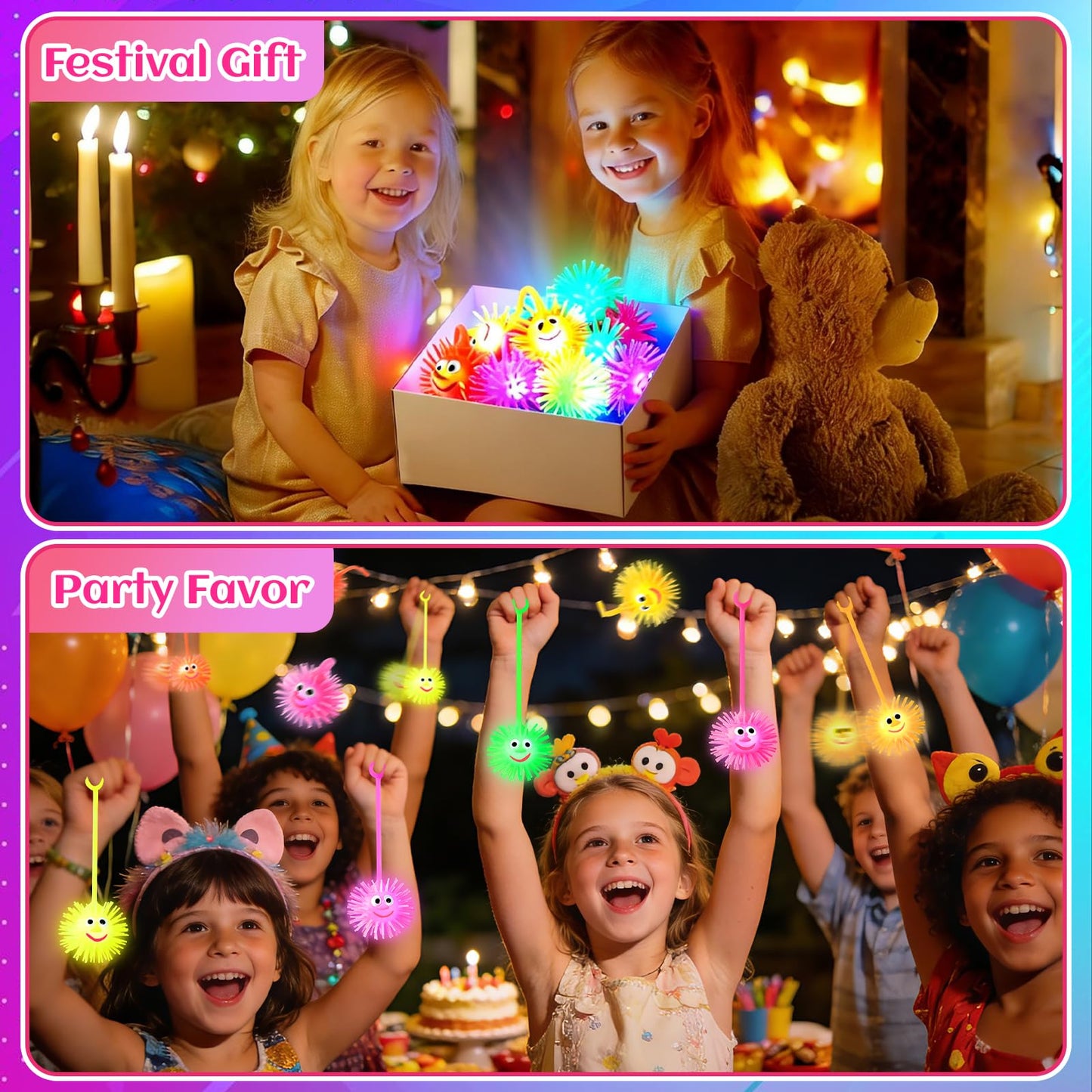 ClassyWhimsy 24PCS LED Puffer Balls Bouncy Light Up Ball for Kids 4-12 Toy Stress Ball Flashing Sensory Puffer Toy Glow in The Dark for Classroom Stuffer Sprizes Bulk Kid Pinata Fillers Party Supplies