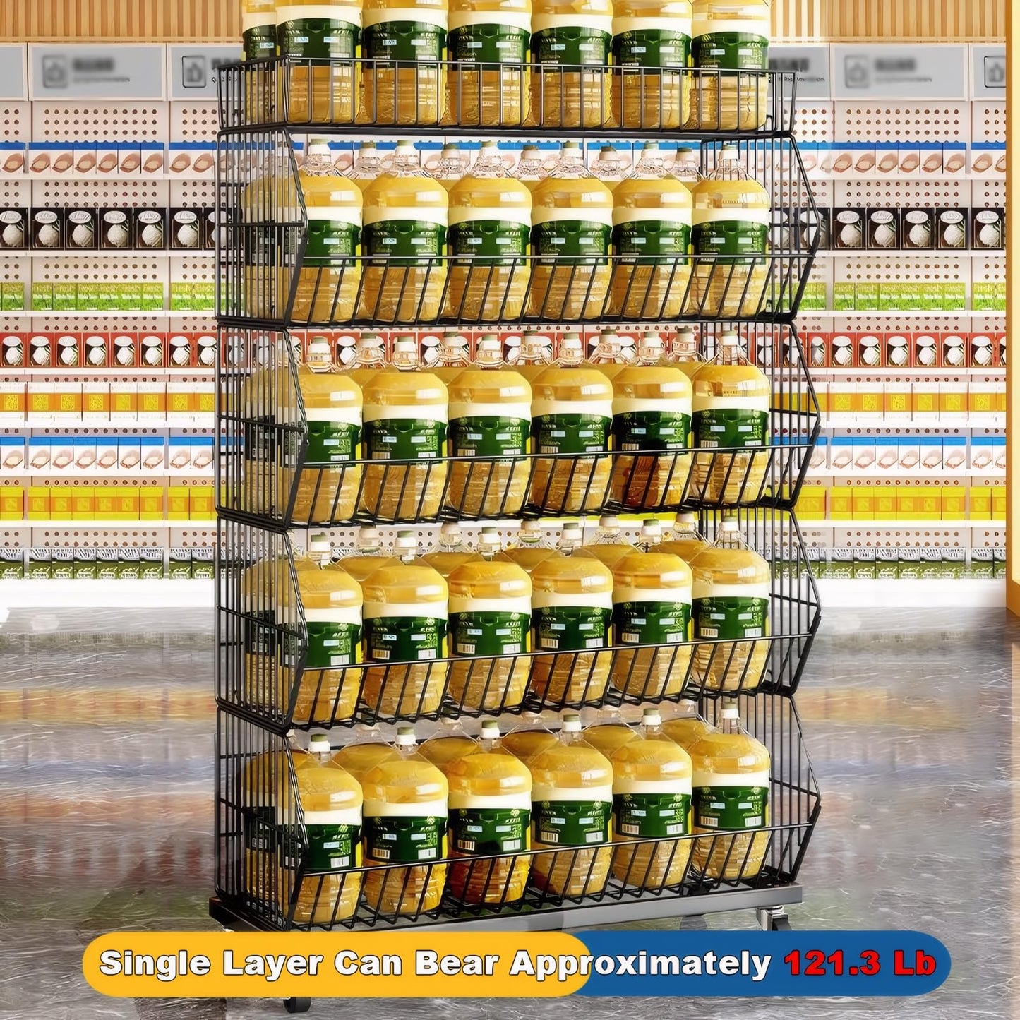 Rjdjbflc Commercial Supermarket Display Cart - 5-Tier Industrial Slanted Rolling Shelves Metal Storage Rack for Retail Store, Warehouse & Home Use, 55LBs/Tier Tool-Free Setup