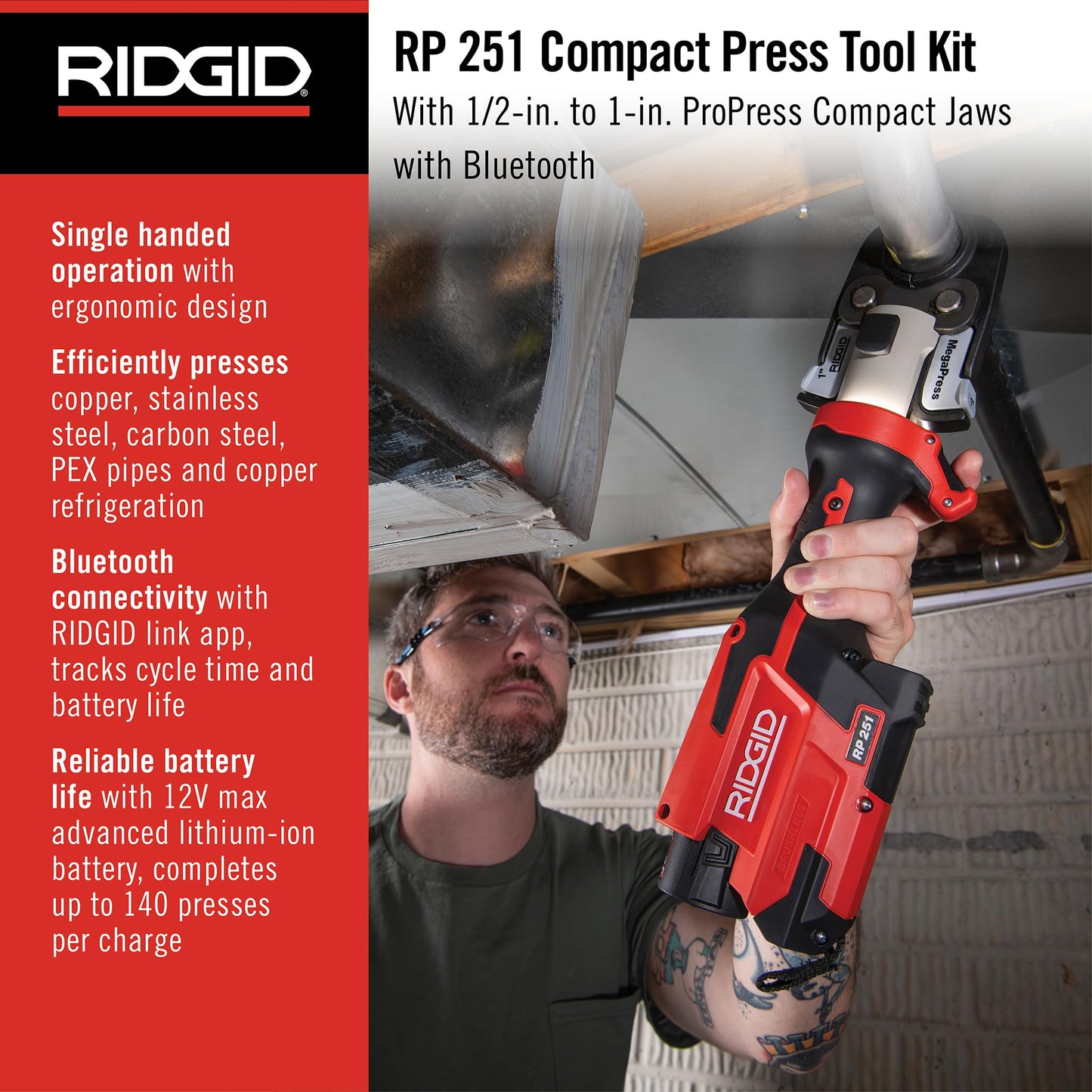 RIDGID 78158 RP 251 Compact Press Tool Battery Kit with ProPress Jaws (1/2" to 1"), In-Line Pressing Tool for Copper, Stainless Steel, PEX, and Carbon Steel