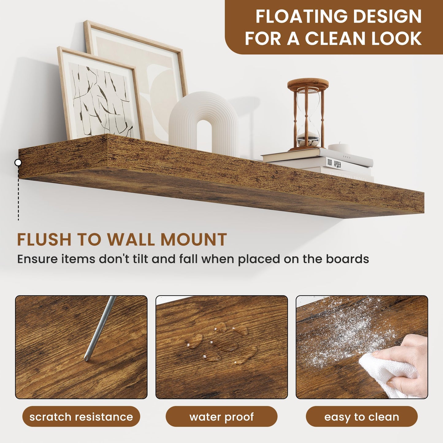 fuqing Floating Shelves for Wall, Wall Mounted Wood Floating Shelf with Invisible Brackets for Living Room, Bathroom, Bedroom, Kitchen Storage and Decor, 36 Inch Set of 2, Rustic Brown