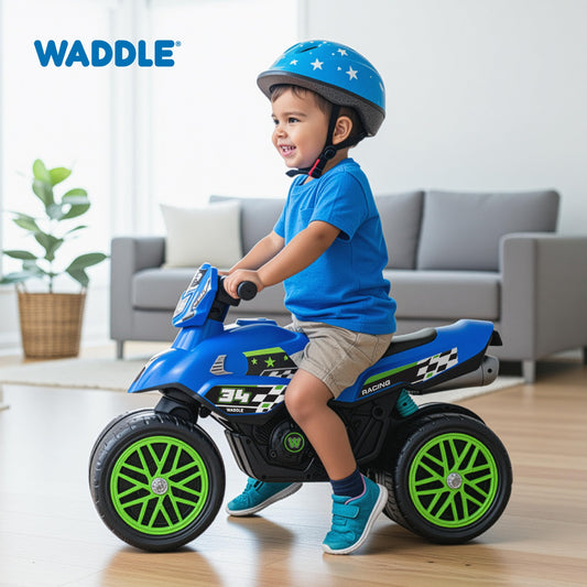 Waddle Kids Motorcycle Balance Bike - Toddler Ride on Toys w/Sounds, Wide Wheel Base, Rubber Coated Wheels, Foot to Floor Toddler Car Up to 44 Lbs, Motorbike for Kids Ages 18 Months to 3 Yrs, Blue
