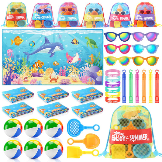 Honeydak 6 Set Pool Party Favors for Kids End of Year Gift Summer Mesh Drawstring Bag Beach Towels Ball Shovels Toys Bulk for Pool Beach Games Birthday Party Supplies Summer Graduation Student Gifts