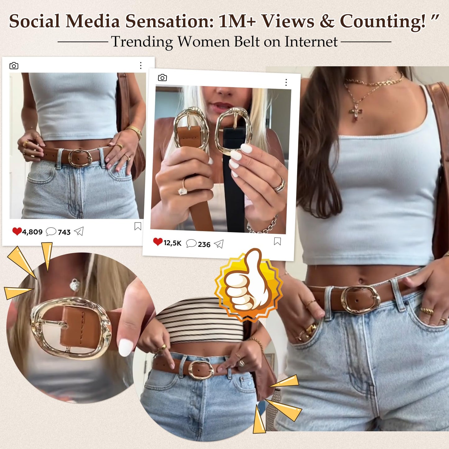 JASGOOD 3 Pack Womens Black Leather Belts for Jeans Pants Ladies Waist Belt Fashion Black Belt with Gold Buckle