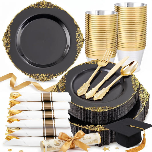 Nervure 175PCS Black Plastic Plates - Disposable Black Gold Party Plates & Pre Rolled Napkins with Cutlery for 25 Guests, 50Plates, 75Silverware, 25Cups, 25Napkin for Wedding & Party