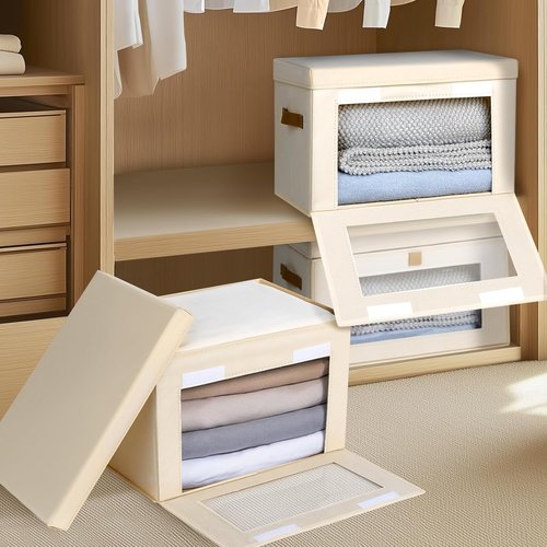 Homsorout Large Closet Storage Bins - Collapsible Clothing Organizers with Handles & Lids | 6 Pack, Beige
