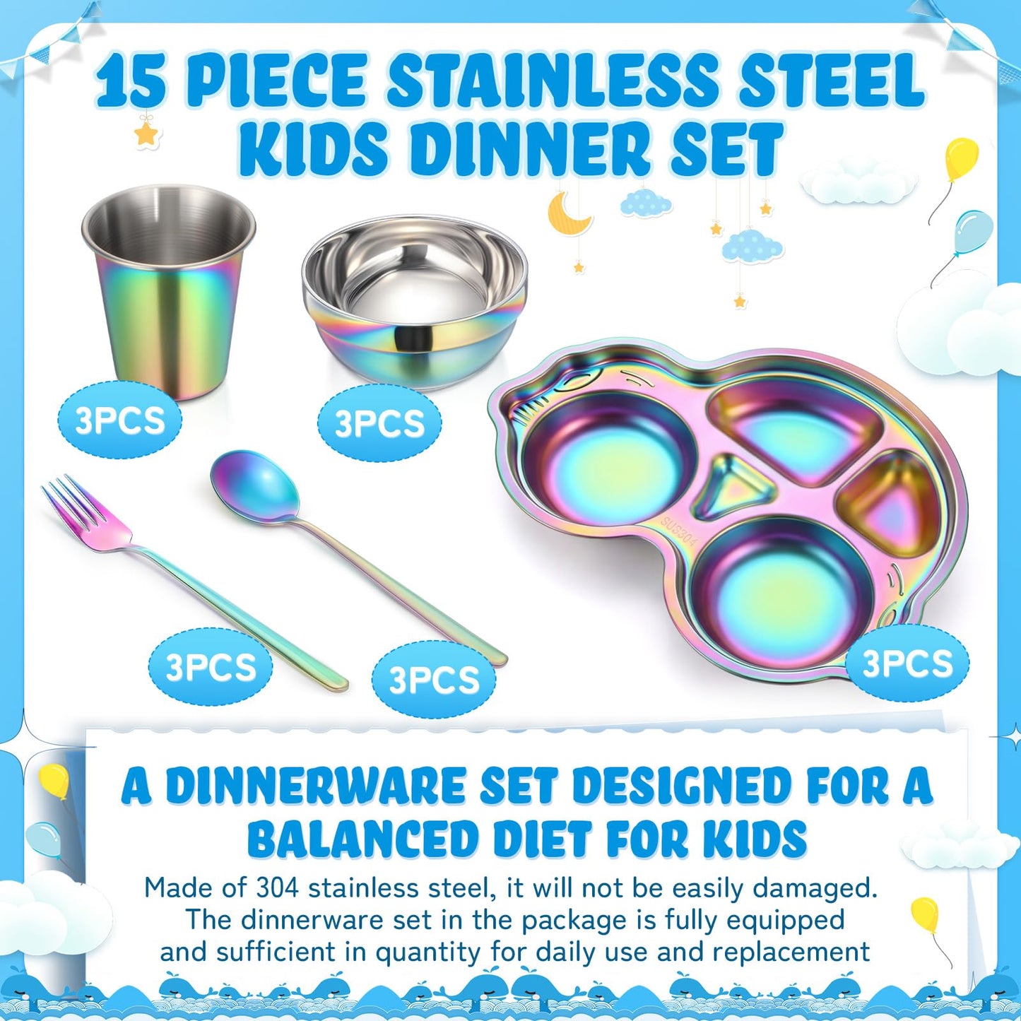 Tioncy 15 Pcs Stainless Steel Kids Dinner Set, 3 Bowls, 3 Balanced Bites Divided Plates, 3 Cups, 3 Spoons and 3 Forks, Stainless Steel Lunch Plates Dinnerware Set for Kids Toddlers(Car)
