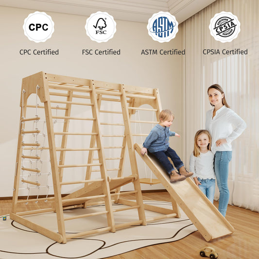 LunaQuest Indoor Jungle Gym for Toddlers, 8-in-1 Wooden Montessori Climbing Toys with Slide, Swing, Rock Wall, Rope Ladder, Monkey Bars – Indoor Playground for Kids Ages 1-8