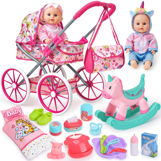 Golray 12 in Baby Doll Toys Set with Stroller for 3 4 5 6 Year Old Girl - 26pcs Babydoll with Accessories Rocking Horse/2 Clothes, Feeding Nursing Pretend Play Toddler Girl Toy Gift 3-5-7