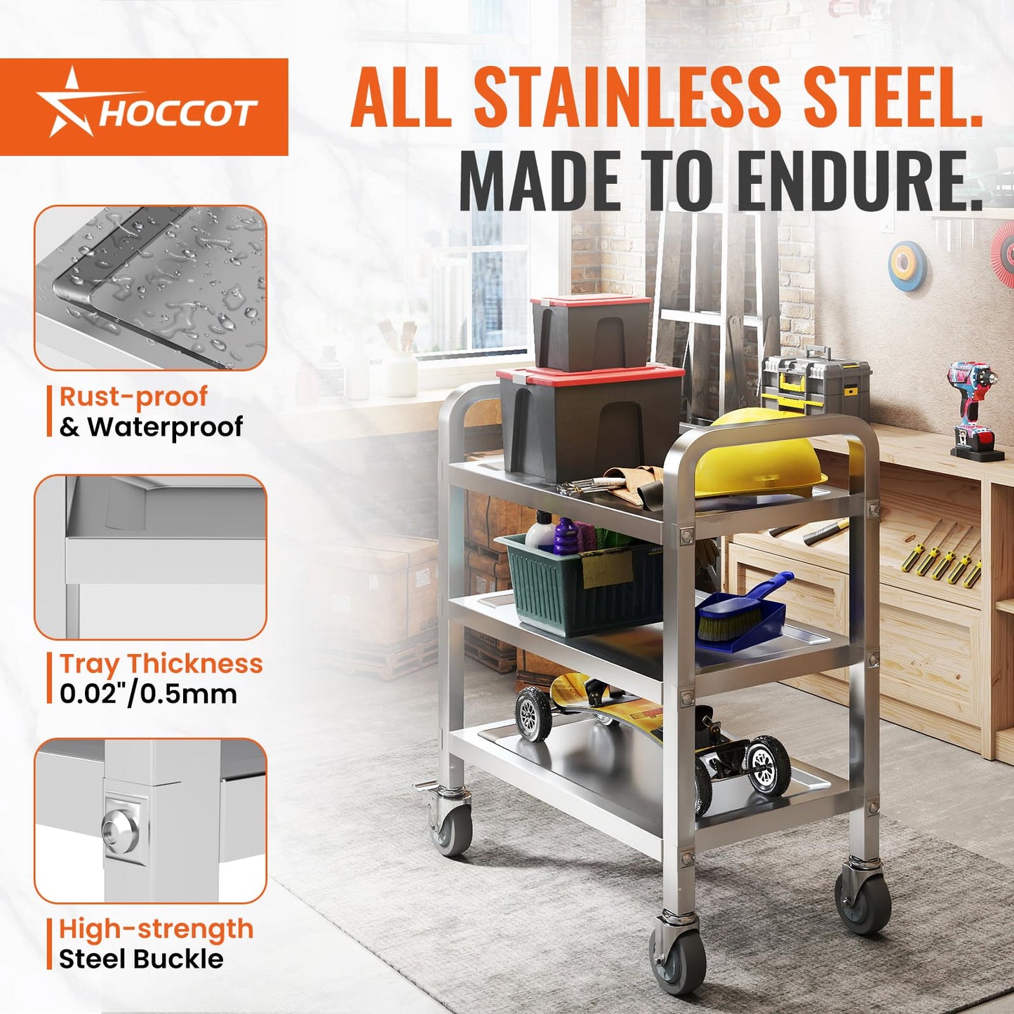 HOCCOT All Stainless Steel Cart, 3 Tier Utility Cart with Brake Wheels, Storage Trolley Heavy Duty Rolling Cart with Strong Load Bearing Easy Assembly for Home Kitchen Restaurant Hotel Lab