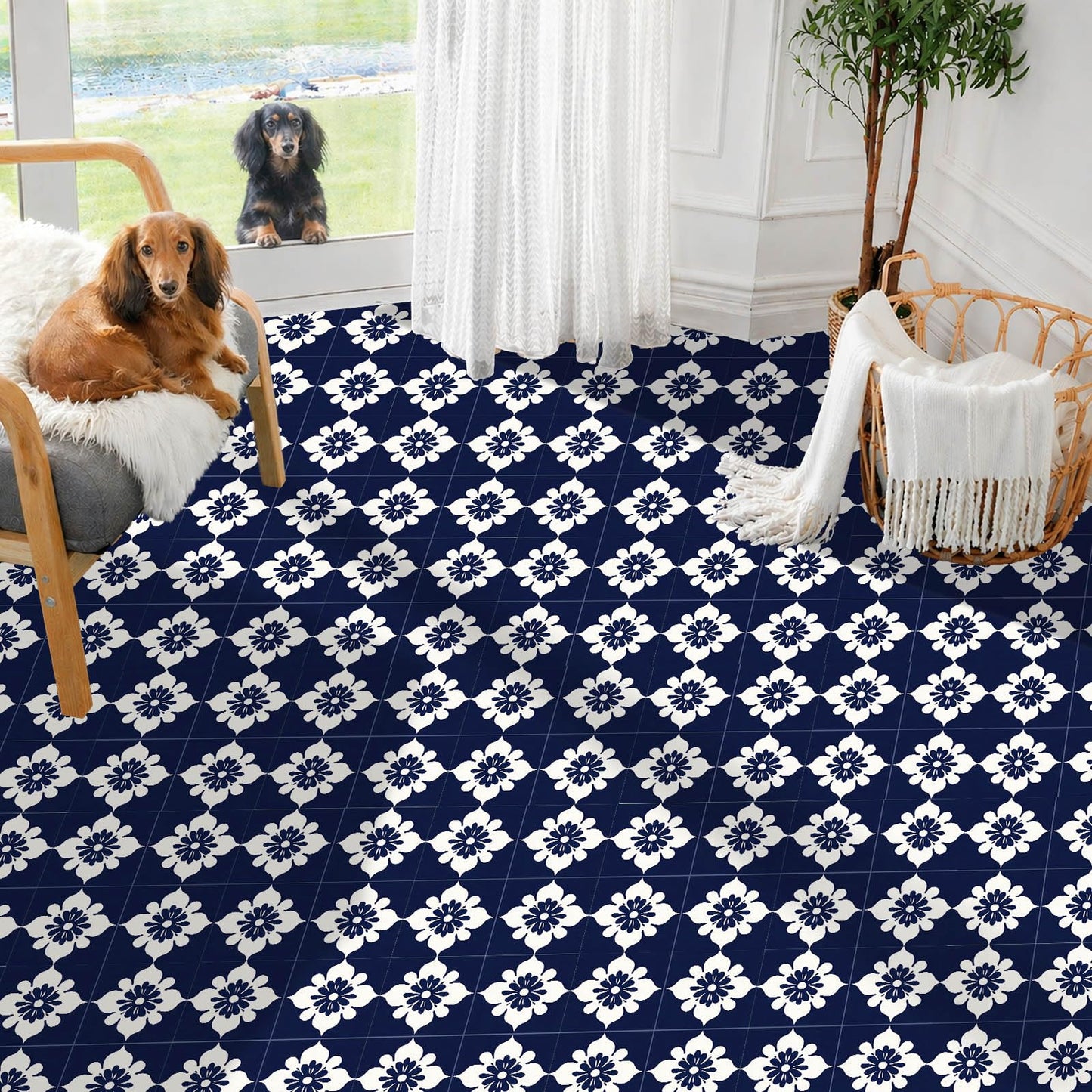 IVN 10PCS 12x12 Inch Navy Floral Pattern Peel and Stick Floor Tiles Removable Self Adhesive Vinyl Flooring Stickers for Bathroom Kitchen Balcony Decor