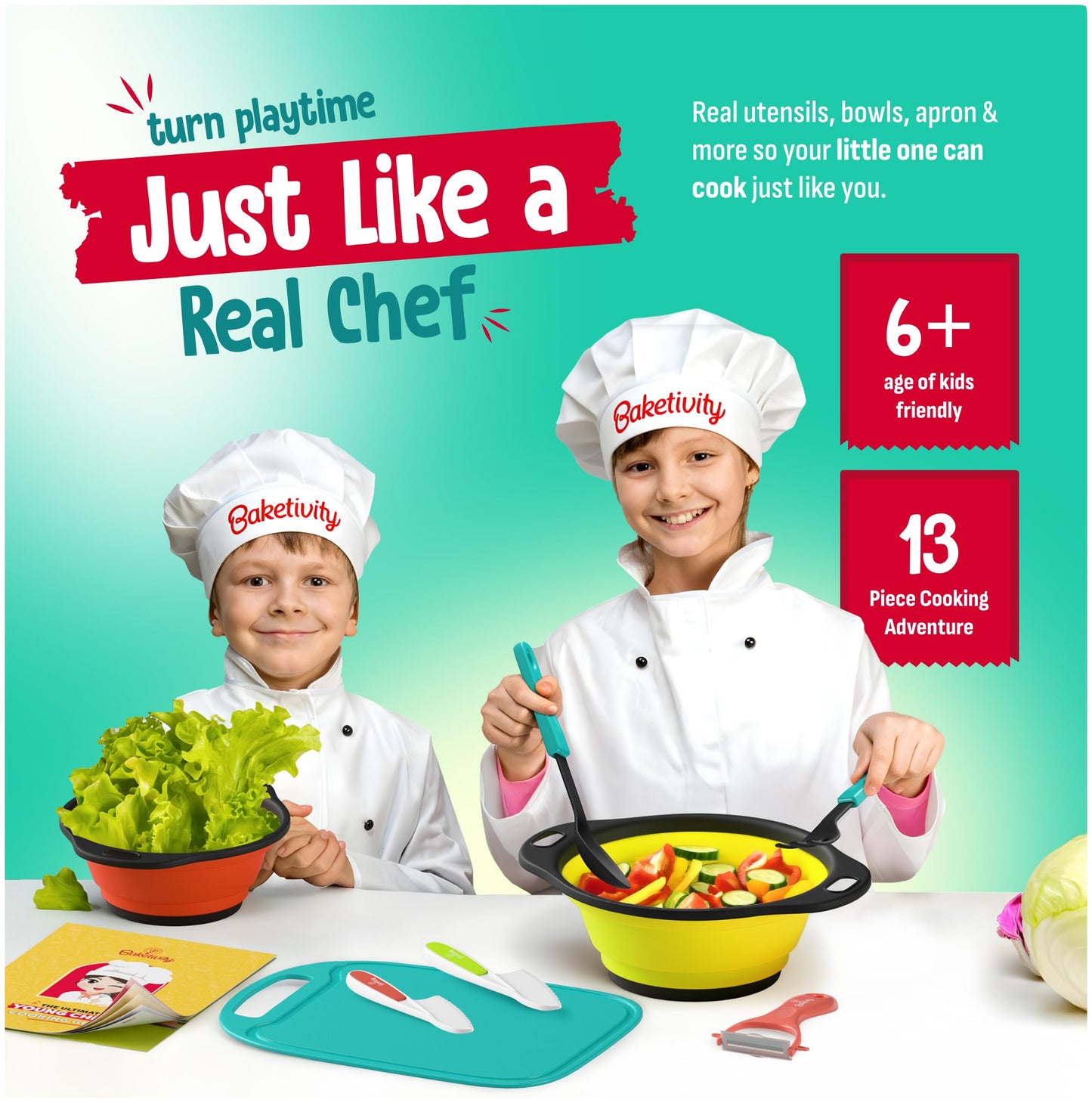 Baketivity Kids Cooking Set Real Utensils With Kitchen Tool Guide - Complete Junior Cooking Set Gift For Girls Or Boys With Mixing Bowls, Cutting Board, Knife, Apron - Kids Baking Set For Real Cooking