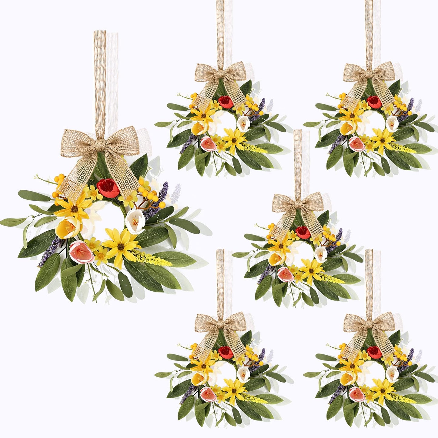 6 Pcs 9'' Mini Spring Wreaths for Kitchen Cabinets Decor Small Tulip Floral Wreaths with Rose Tulip Flowers for Spring Wall Window Porch Home Wedding Party Decor