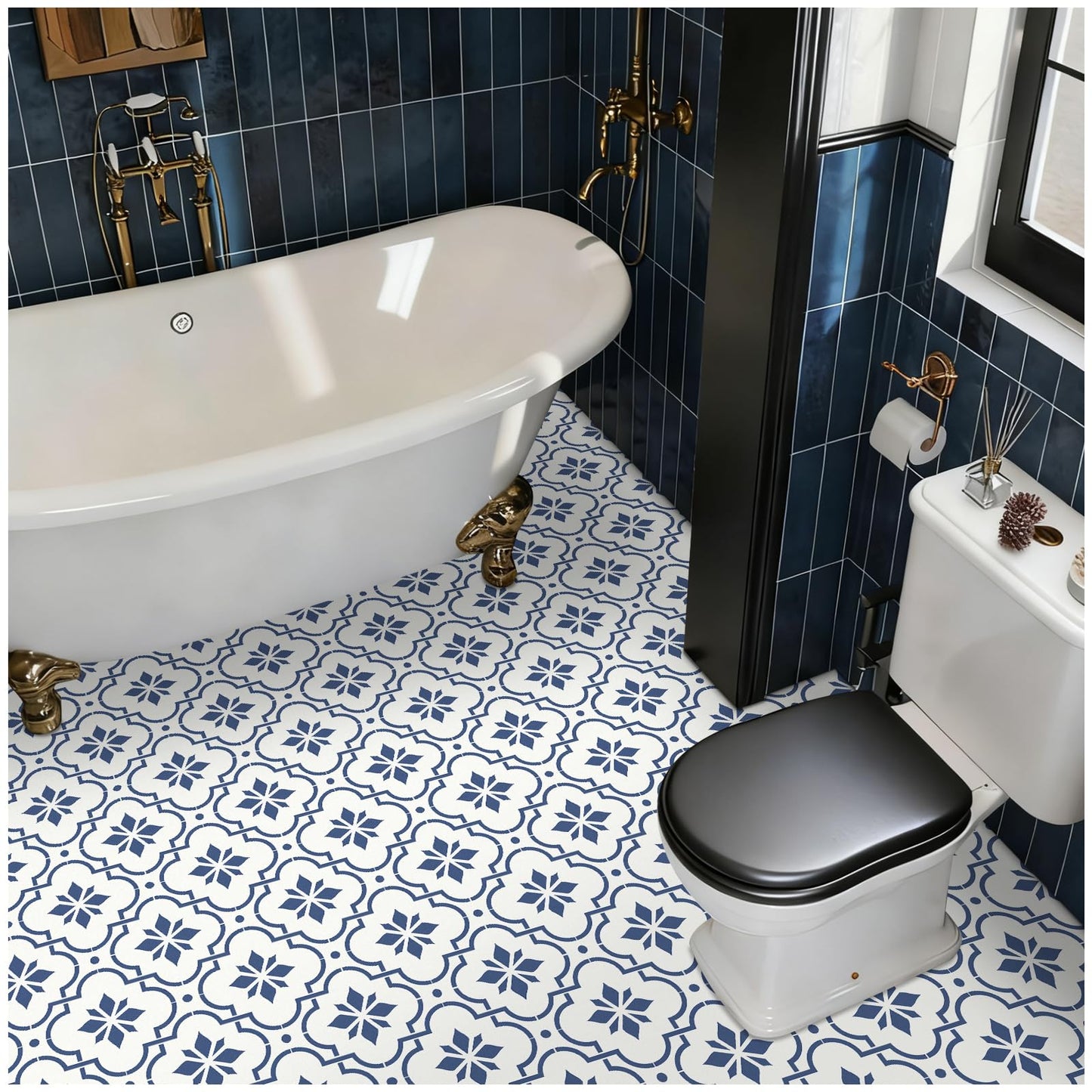 MORCART Peel and Stick Floor Tile, 20-Pack 7.87" x 7.87" Matte Vinyl Floor, Self Adhesive Waterproof Flooring DIY for Renter, Removable Tile Sticker for Bathroom, Kitchen, Bedroom, Wall (Blue Flower)