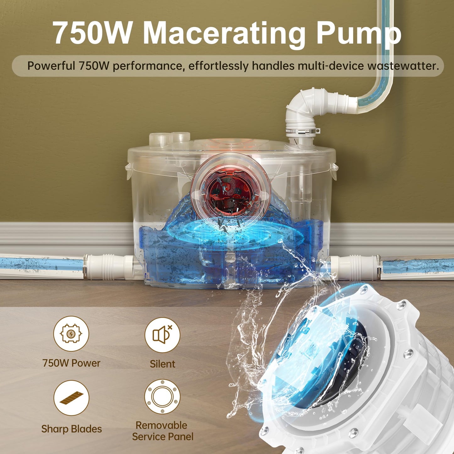 SUPERFLO 750W Macerating Toilet System Powerful Macerator Toilet Pump with 4 Water Inlets for Toilets, Sink & Shower, Upflush Toilet for Basement, Garage & Small Bathrooms - Easy Installation
