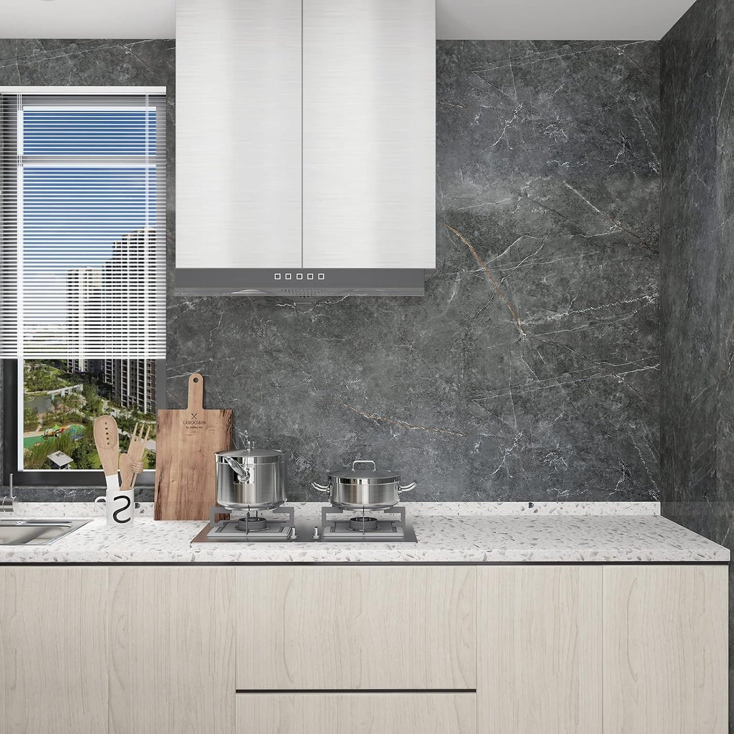 BOMENG 48"x354" Extra Wide Countertop Contact Paper Gray Marble Wallpaper Peel Stick Countertops for Kitchen Glossy Waterproof Self-Adhesive Marble Vinyl Wrap for Bathroom