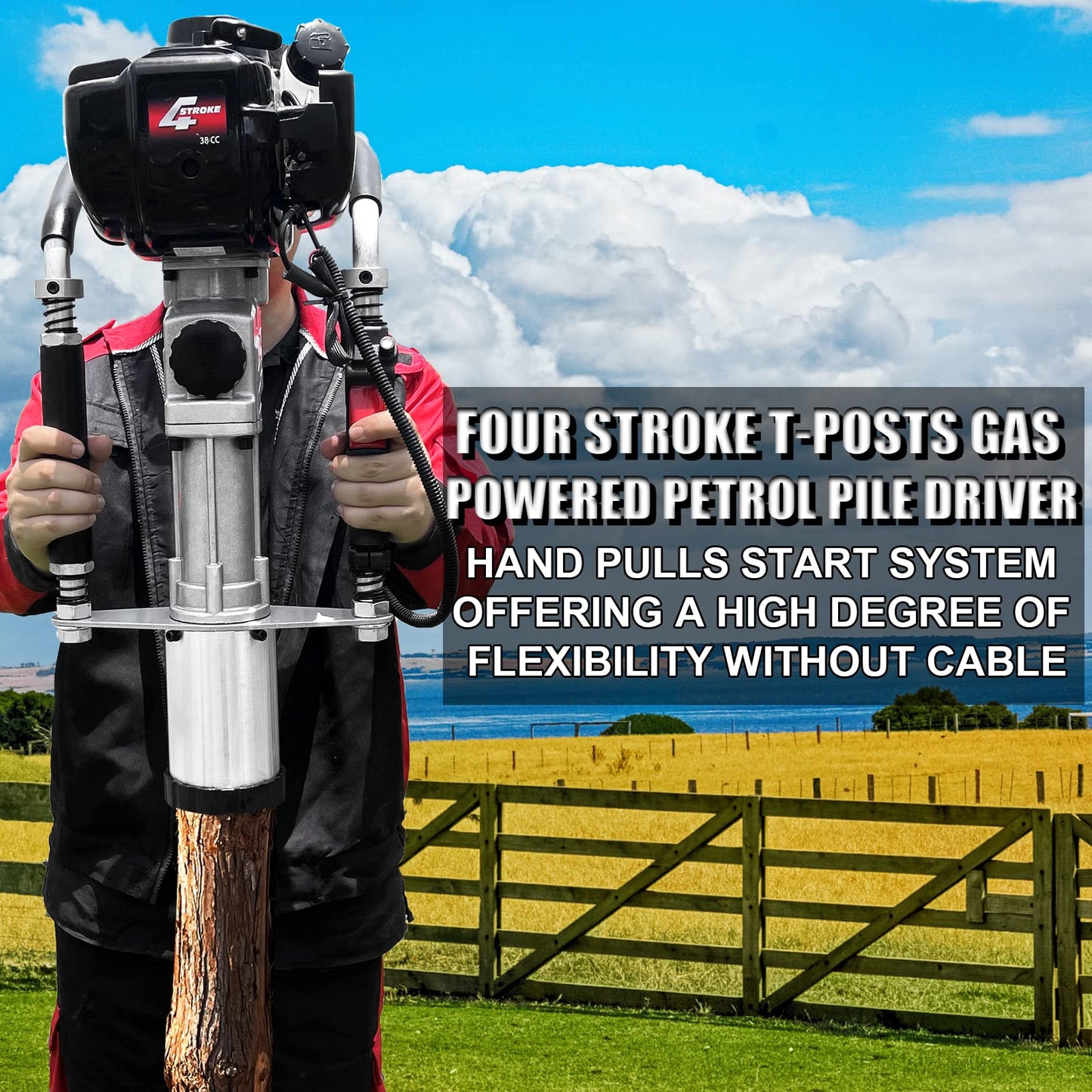 4 Stroke Gas Powered T Post Driver Hammer Drills, 37.7CC Air Cooling Single Cylinder Gasoline Petrol Fencing Tool with 3 Post Driving Head with 45mm,55mm,88mm plle sleeve