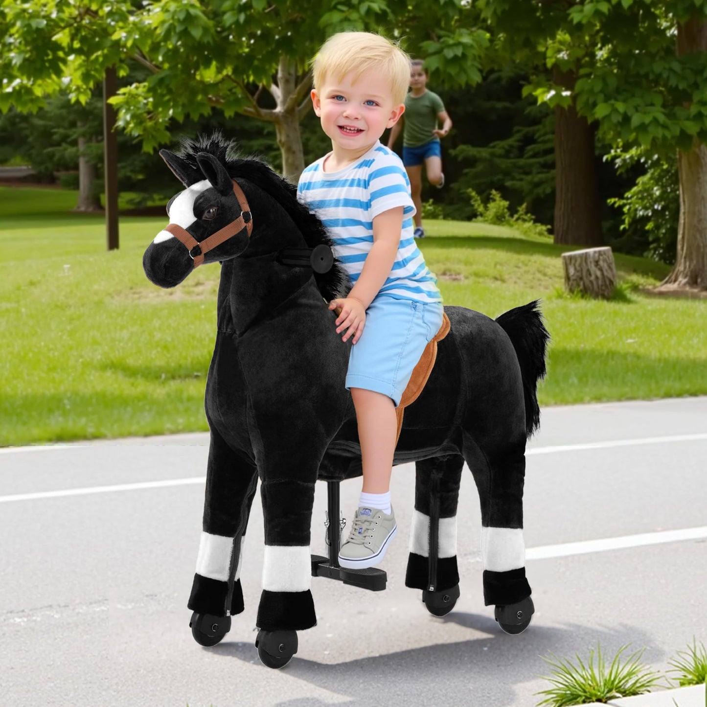 Pipleo Ride on Horse for Big Kids, Riding Horse Rider Mechanical Walking Action Plush Animal for 4 to 9 Years, No Battery or Electricity, Max Load 165 LBS Black