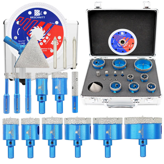 BRSCHNITT Diamond Tile Hole Saw Kit with Pilot Bit - (6-65mm) Dry Diamond Core Drill Bit Triangle Shank&Tile Blade for Porcelain Tile Ceramic Stone Granite Marble