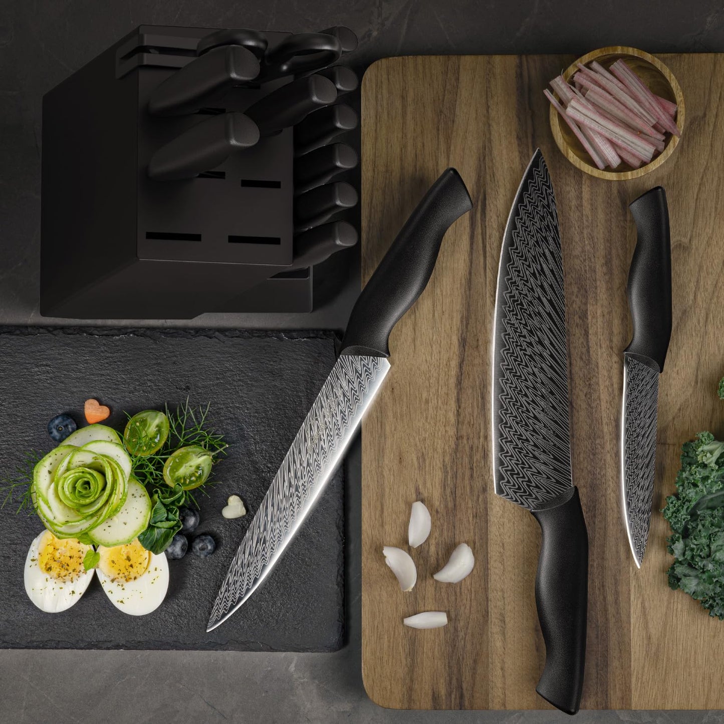 Knife Set, Amorston 15 Pieces Kitchen Knife Set with Built in Knife Sharpener, High Carbon German Stainless Steel Knife Block Set, Black Dishwasher Safe Knives Set, Mothers Day Gifts