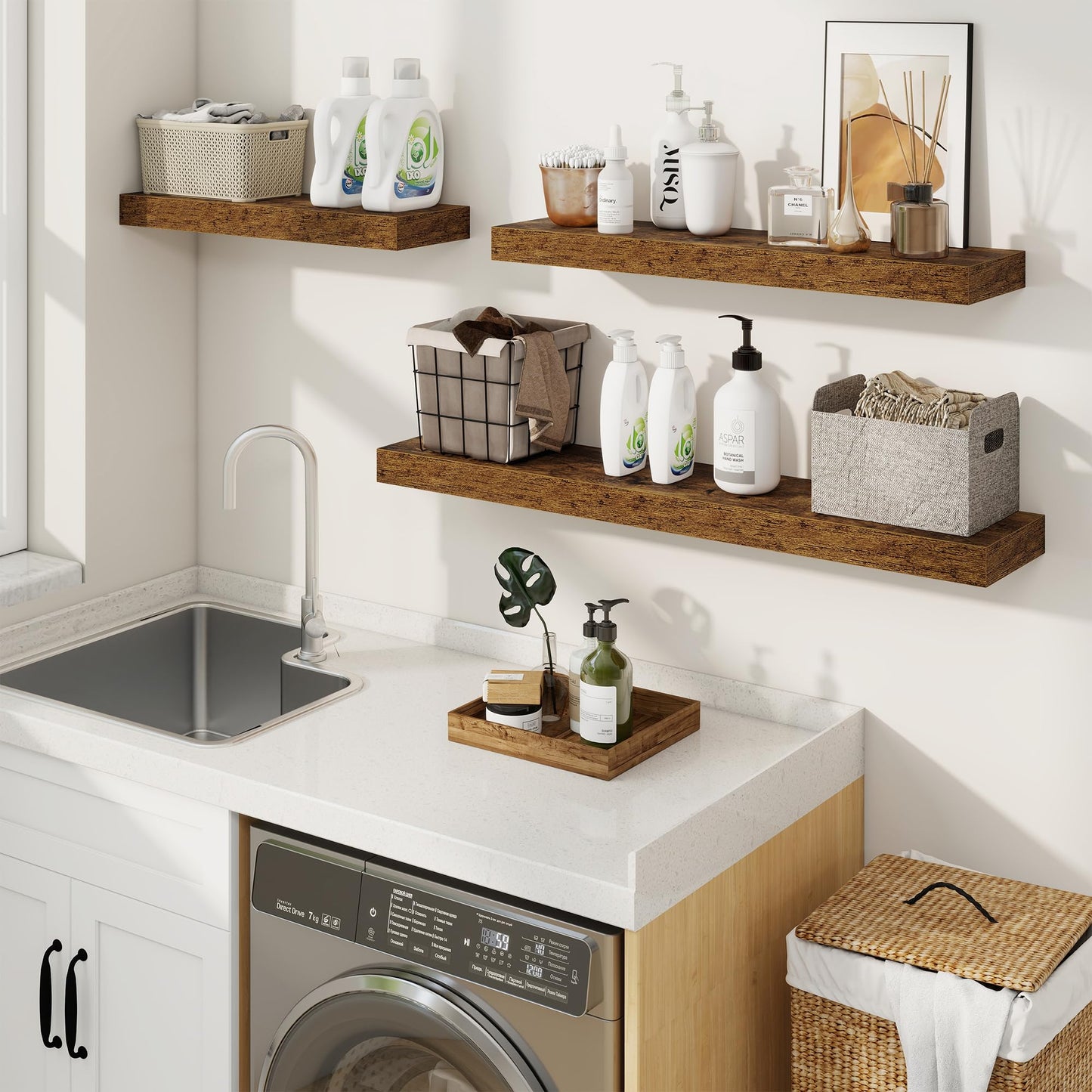 fuqing Floating Shelves for Wall, Wall Mounted Wood Floating Shelf with Invisible Brackets for Living Room, Bathroom, Bedroom, Kitchen Storage and Decor, 36 Inch Set of 2, Rustic Brown