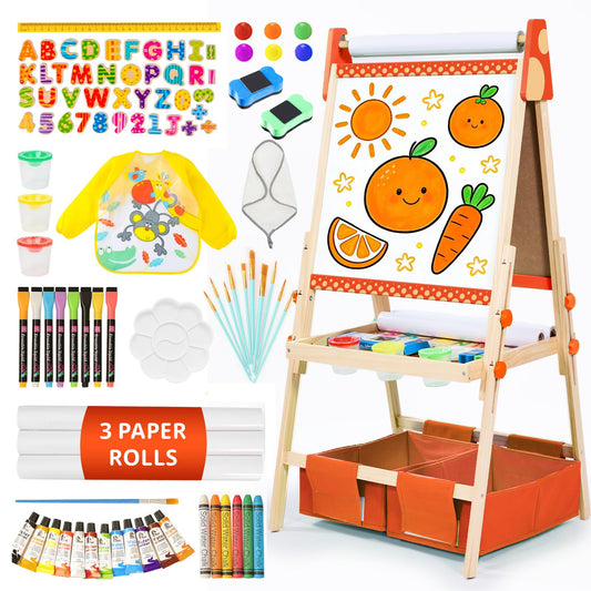 Art Easel for Kids, Kids Art Easel with 3 Paper Roll,Adjustable Standing Wooden Toddler Easel for Painting Double Sided, Magnetic Whiteboard and Chalkboard,3in1 Painting Easel for 2-4 4-8 Orange