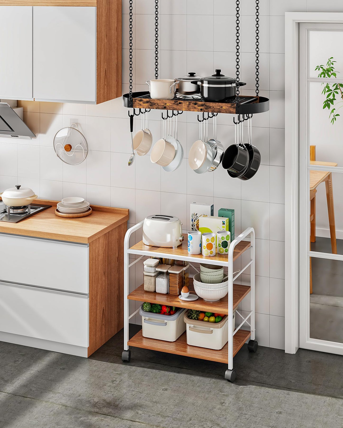 CHOEZON 31.7-Inch Hanging Pot Rack, Space-Saving Pot Hanger for Kitchen, Ceiling Pan Hanging Rack with 16 Detachable S Hooks, Sturdy Metal Frame, Industrial Style, Rustic Brown and Black TPR09BF