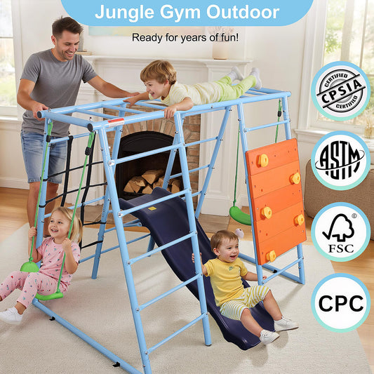 YuAnWe 6 in 1 Indoor Playground, Metal Jungle Gym with Climbing Wall, Slide, Monkey Bars, Rope Ladders and Two Swings, Playset for Kids Ages 3-12